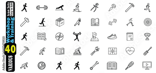 Collection of 40 line art icons for workshop and training activities running man