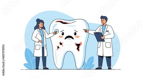 Dental professionals examining a sad tooth with cavities and decay illustrating oral health concerns