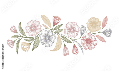 Modern vector illustration of various hand-drawn flowers and leaves arranged, a Beautiful romantic flower collection, leaves, floral bouquets, flower compositions., easily editable.
