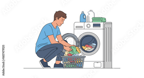 Man loading laundry into washing machine and doing household chores efficiently