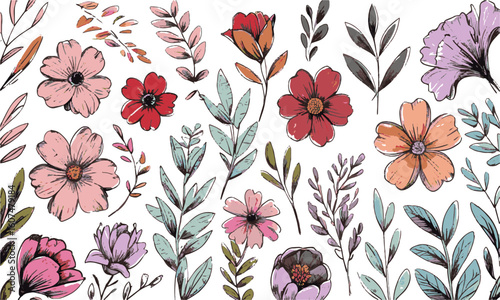 Modern vector illustration of various hand-drawn flowers and leaves arranged, a Beautiful romantic flower collection, leaves, floral bouquets, flower compositions., easily editable.