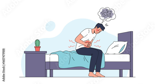 A man sitting on a bed experiencing intense abdominal pain and discomfort