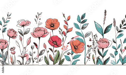 Modern vector illustration of various hand-drawn flowers and leaves arranged, a Beautiful romantic flower collection, leaves, floral bouquets, flower compositions., easily editable.