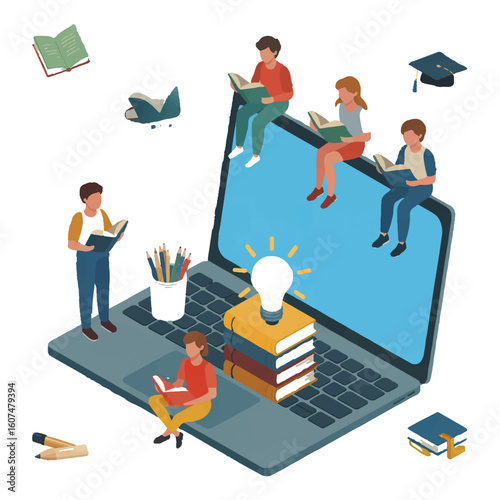 Vector art of a group of students are reading books on a laptop for online education isolated on white background