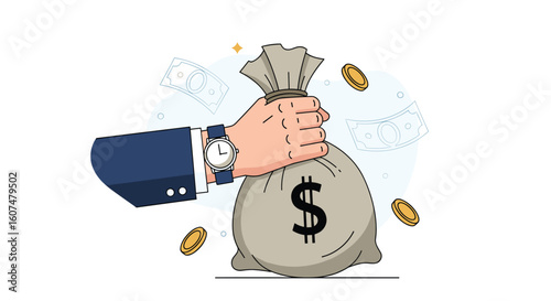 Hand holding a money bag full of cash and coins symbolizing wealth accumulation and financial success