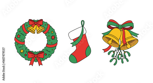 Festive holiday decorations featuring a christmas wreath stocking and jingle bells with mistletoe for seasonal celebrations