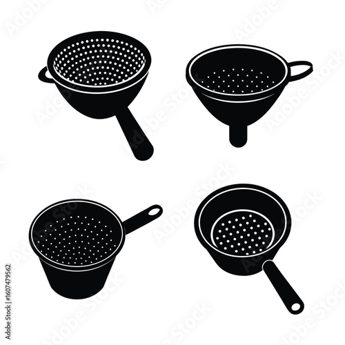 Kitchen Tools Silhouettes – Strainer and Colander Icon Set on White Background