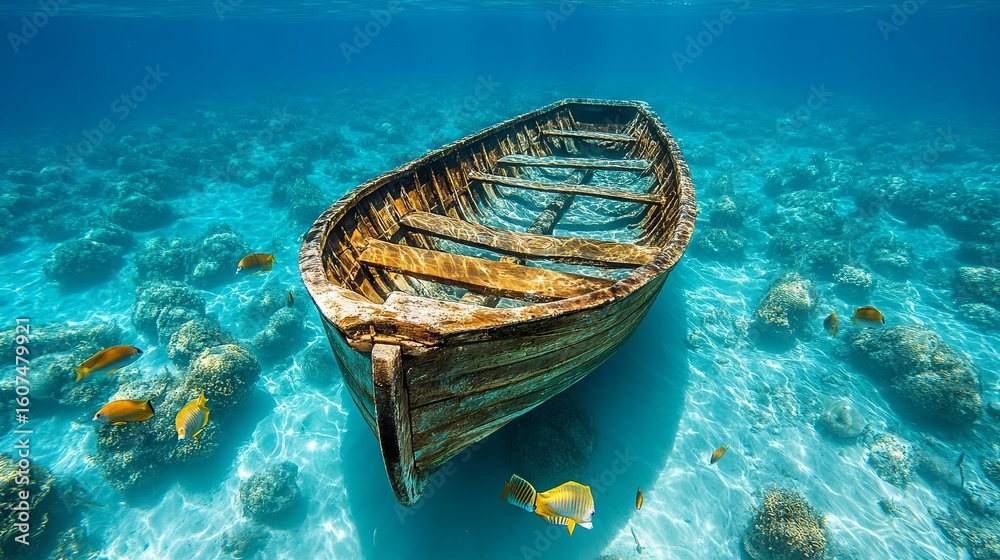 Obraz premium A submerged wooden boat resting in crystal-clear blue water, surrounded by fish, highlighting marine life and the wonders of underwater exploration -