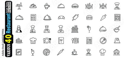Collection of black and white restaurant and food icons on white background vector 1