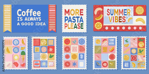Fun and Colorful Food Themed Postage Stamps with Quotes and Illustrations