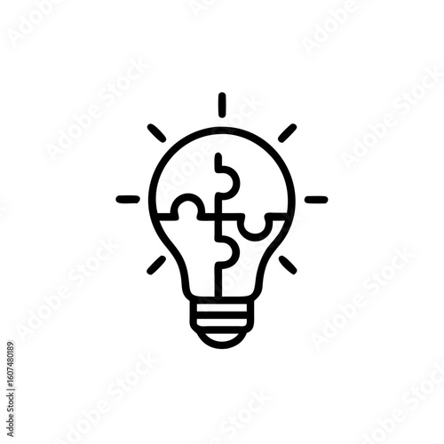 Line art light bulb with puzzle pieces inside on idea