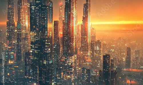 Golden light over futuristic city with tall buildings, a cityscape with a vibrant sunset