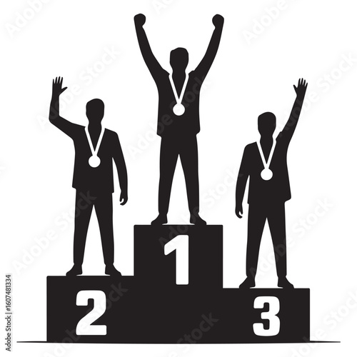 Vector art of a podium shows the top three winners with medals celebrating their achievement