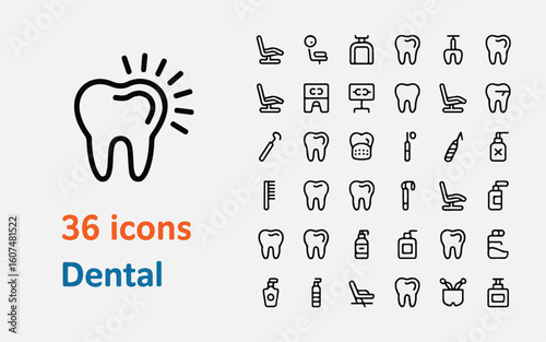 36 minimalist dental care line icons on white background tooth hygiene