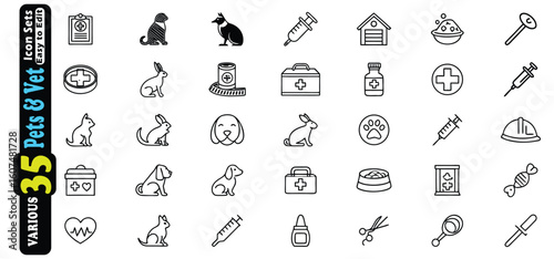 Collection of veterinary and pet care outline icons on white background icon set animal