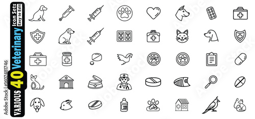 Collection of veterinary and animal care line art icons health