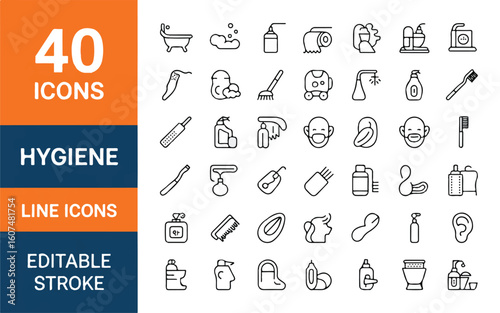 Forty hygiene and personal care line icons on white background with text bathroom health