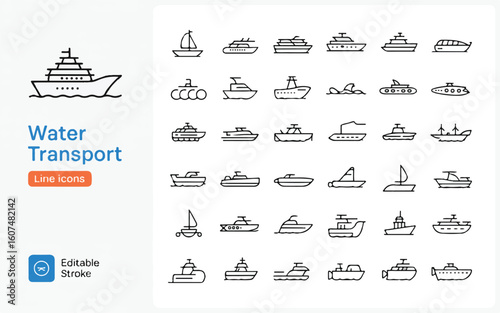 Collection of forty black line art icons depicting various watercraft and nautical elements on a white background