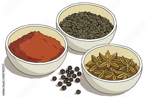  a variety of spices and condiments in bowls, close-up shot, minimalist, high contrast, overhead view, studio lighting