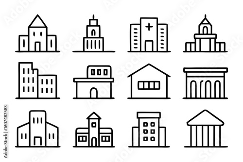 Collection of hand drawn building icons isolated on transparent background