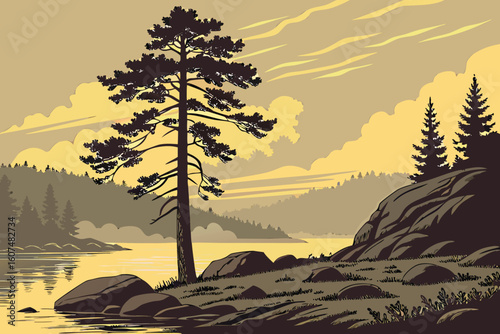  a single pine tree on a rocky island at sunset, tranquil lake, mist, serene, breathtaking, dramatic lighting, landscape, digital art, photorealistic, highly detailed, 4k