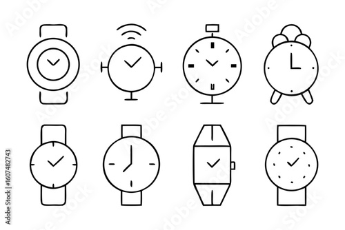 Collection of eight hand drawn watch icons with different styles isolated on transparent background