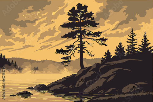  a single pine tree on a rocky island at sunset, tranquil lake, mist, serene, breathtaking, dramatic lighting, landscape, digital art, photorealistic, highly detailed, 4k