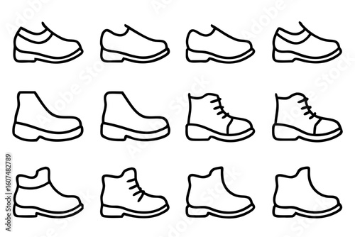 Collection of various shoe and boot outlines isolated on transparent background