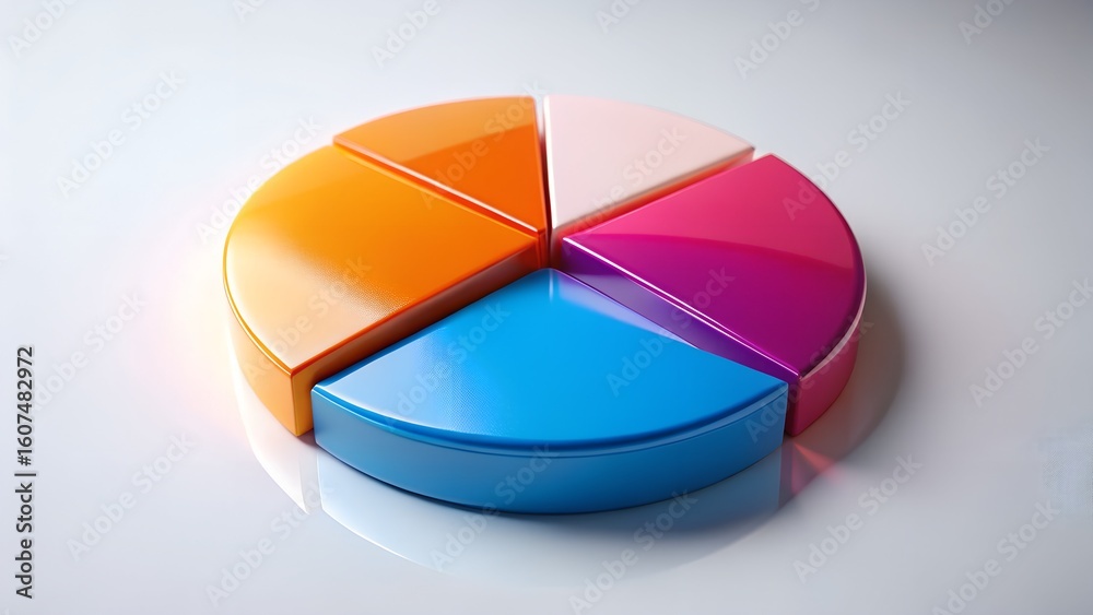 Obraz premium A colorful 3d pie chart with five segments representing data and analysis, isolated on a white background