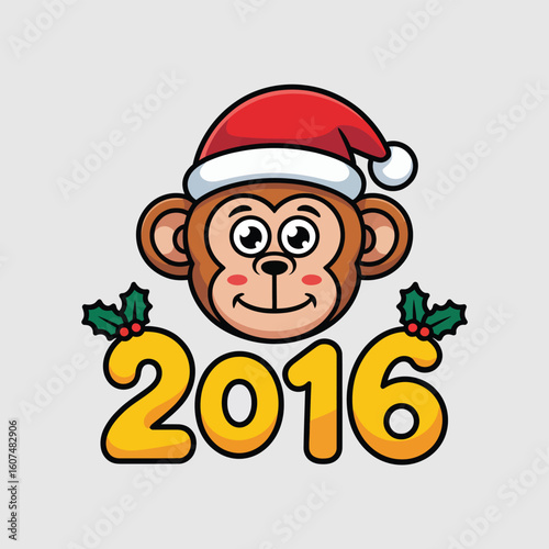 Cute cartoon monkey wearing santa hat with 2016 year celebration