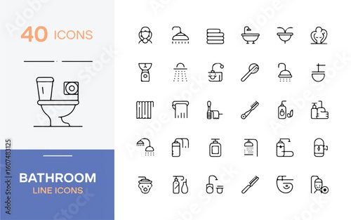 Forty minimalist line art icons depicting bathroom elements and hygiene vector