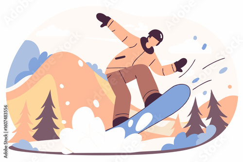 Mężczyzna na snowboardzie w górach. Koncepcja sportów zimowych, aktywnego wypoczynku i przygody.