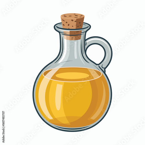Glass bottle with handle filled with golden cooking oil and cork stopper