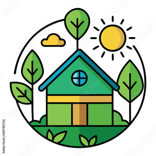 Green house with sun and trees in circle home nature
