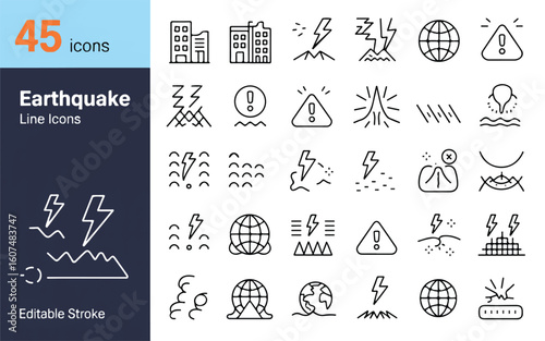 Set of 45 earthquake and natural disaster line art icons seismic activity tremor