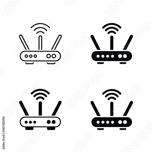 Four internet wi fi router icons in outline and filled styles