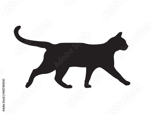 Black silhouette of a walking cat in side view, head facing right, body in mid-step with tail relaxed and gently curved. Clean and minimal design on white background.