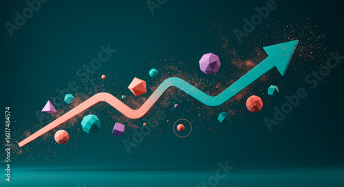 Abstract 3d growth chart with colorful geometric shapes symbolizing business analytics on dark background.
