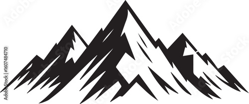 A bold, graphic mountain range silhouette vector illustration. A simple black icon of jagged peaks, isolated on a white background for design.