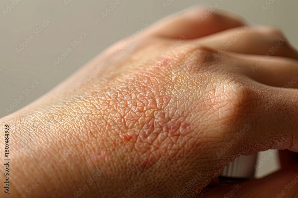 Fototapeta premium Close-up of a hand with irritated skin, showing redness and texture. Part of a container is visible at the bottom right.