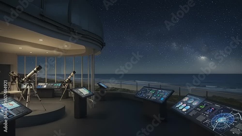 Night Sky Exploration: Observatory Telescopes Overlooking the Ocean Under a Starry Sky