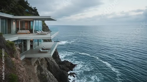 Oceanfront modern villa perched on a cliffside overlooking the sea views