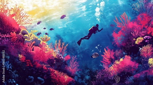 Vibrant coral reef with scuba diver.