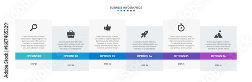 Progress bar featuring 6 arrow-shaped elements, symbolizing the six stages of business strategy and progression. Clean timeline infographic design template. Vector for mobile presentation.