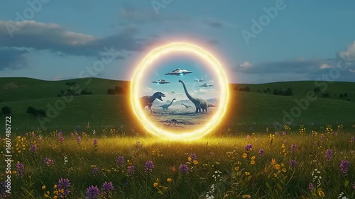 Portal to Jurassic Era: Dinosaurs and UFOs in a Magical Meadow Landscape