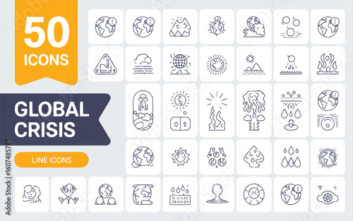 Fifty line art icons depicting global crisis environmental issues and natural disasters global crisis icons