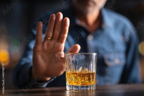 A man in a blue shirt refuses a glass of whiskey, signaling a decision to avoid alcohol consumption