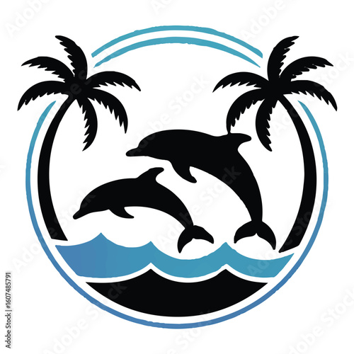 Vector art of two dolphins are jumping in the ocean with palm trees in a circle isolated on white background