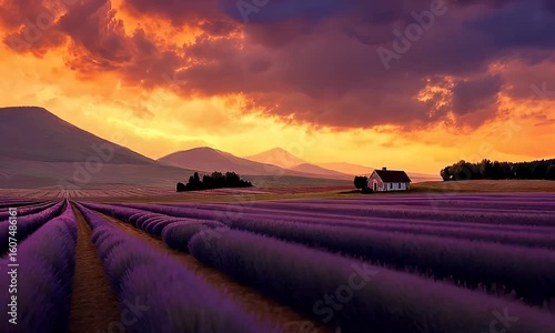 Lavender field at sunset, golden sky, distant hills, small house in the distance