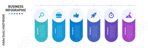 Progress bar featuring 6 arrow-shaped elements, symbolizing the six stages of business strategy and progression. Clean timeline infographic design template. Vector for mobile presentation.